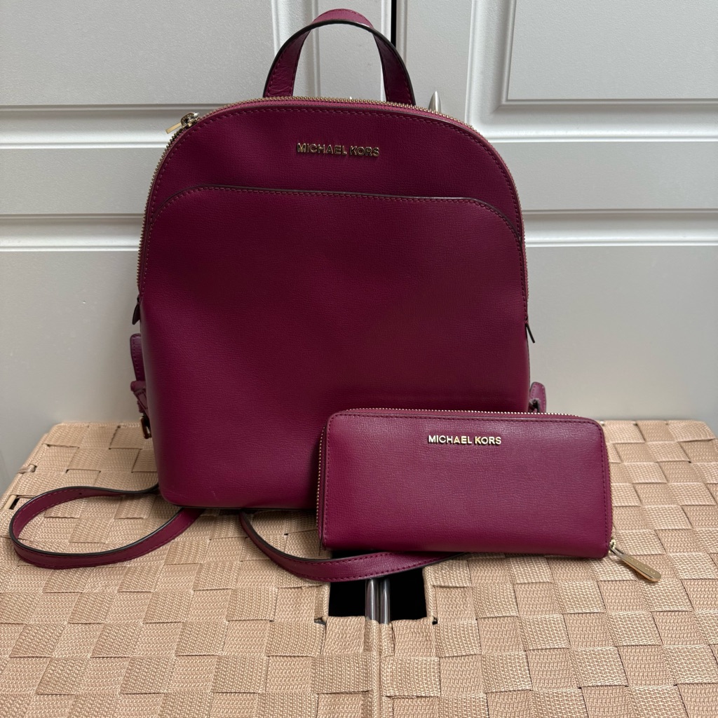 Michael Kors Burgundy Emmy Dome Backpack & Wallet Set Pebbled Leather